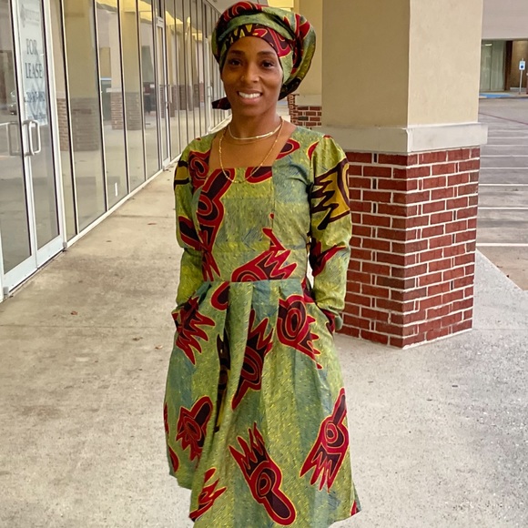 African clothing for women Ankara long sleeve mid dress with head wrap - Picture 2 of 5